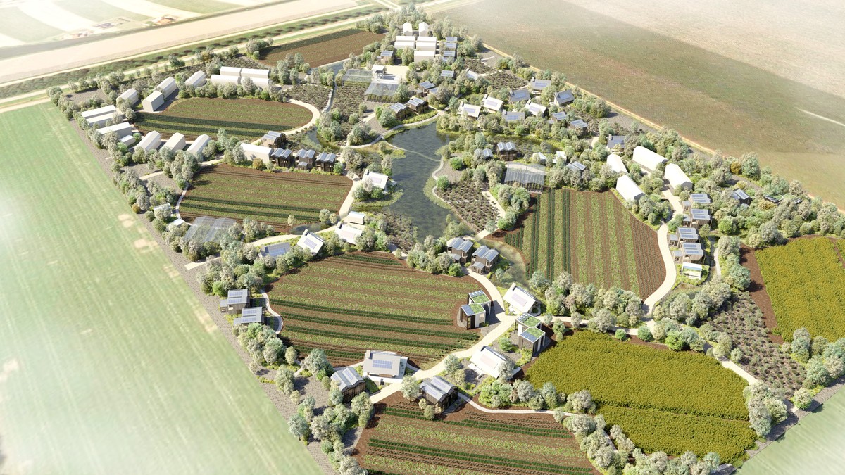 Aerial view of ReGen Villages design showing integrated agriculture, energy, and housing