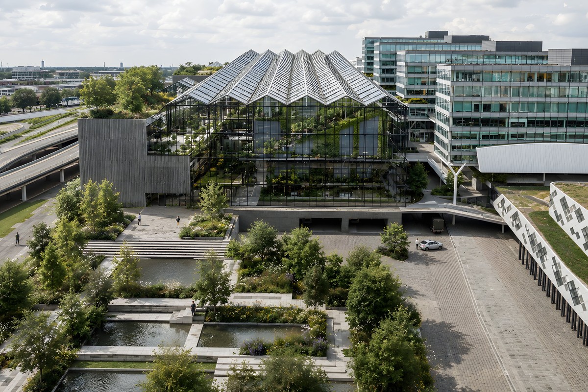 Schiphol Catalyst building visualization showing integrated sustainability systems